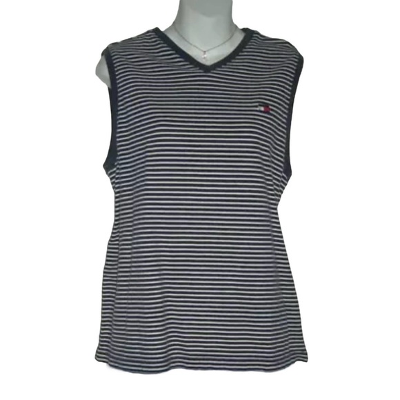 Vintage 90's Tommy Hilfiger Tank Top Navy Blue Striped Coastal Grandmother Beach - Picture 1 of 13